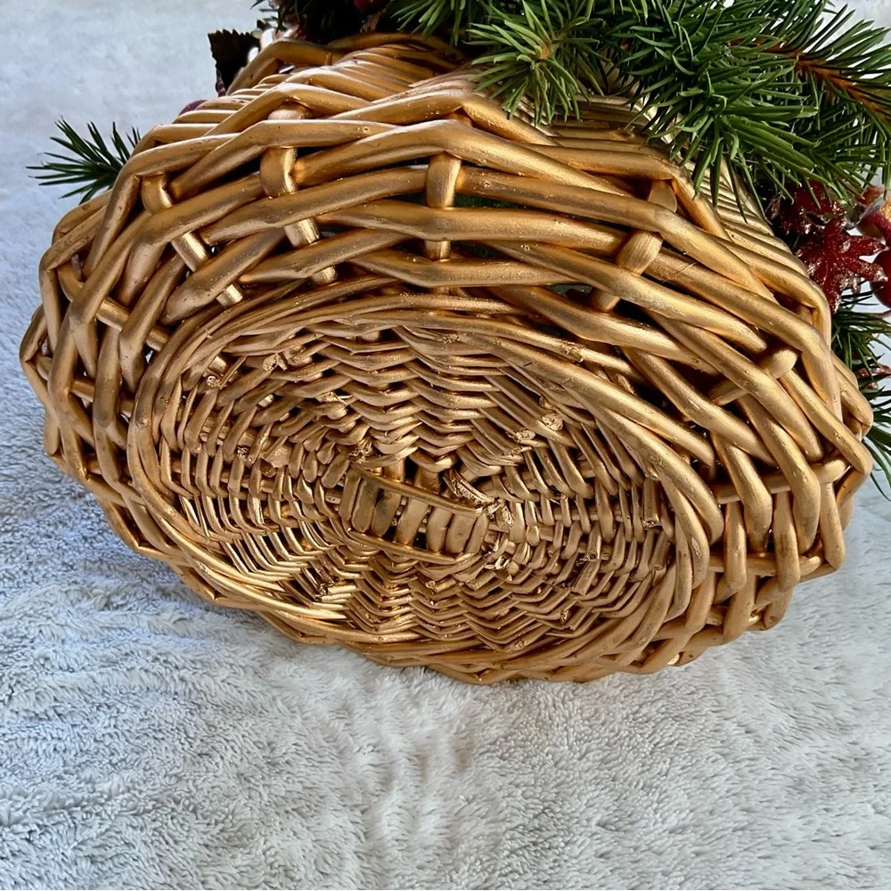 Gold Wicker Basket with Festive Holiday Flower Arrangement